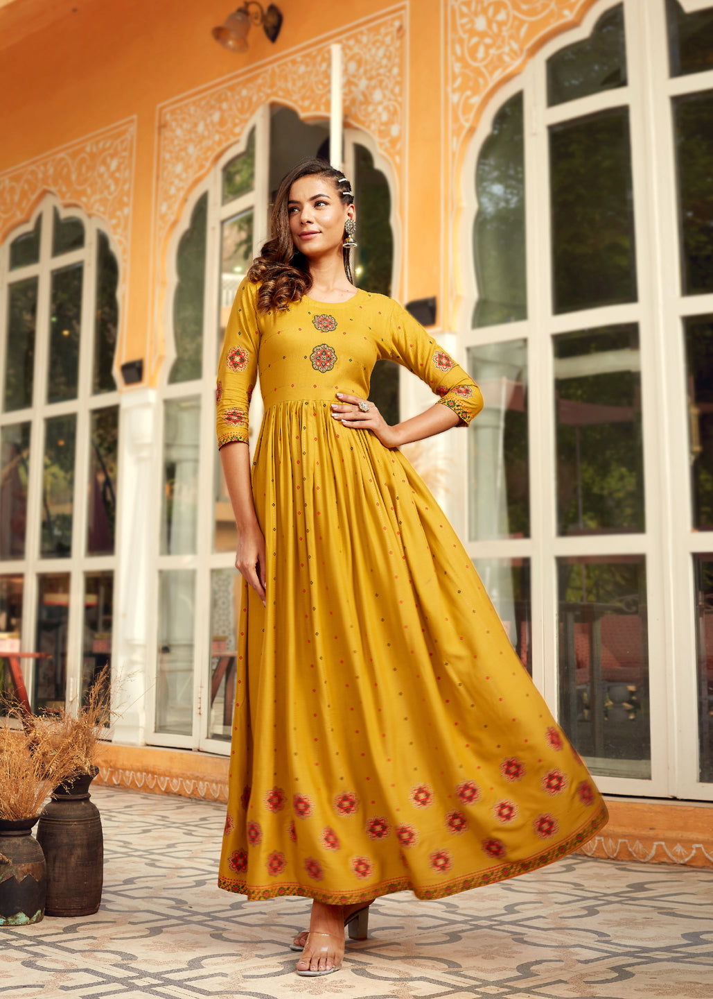 Yellow Rayon Printed Anarkali Kurta Sets For Women