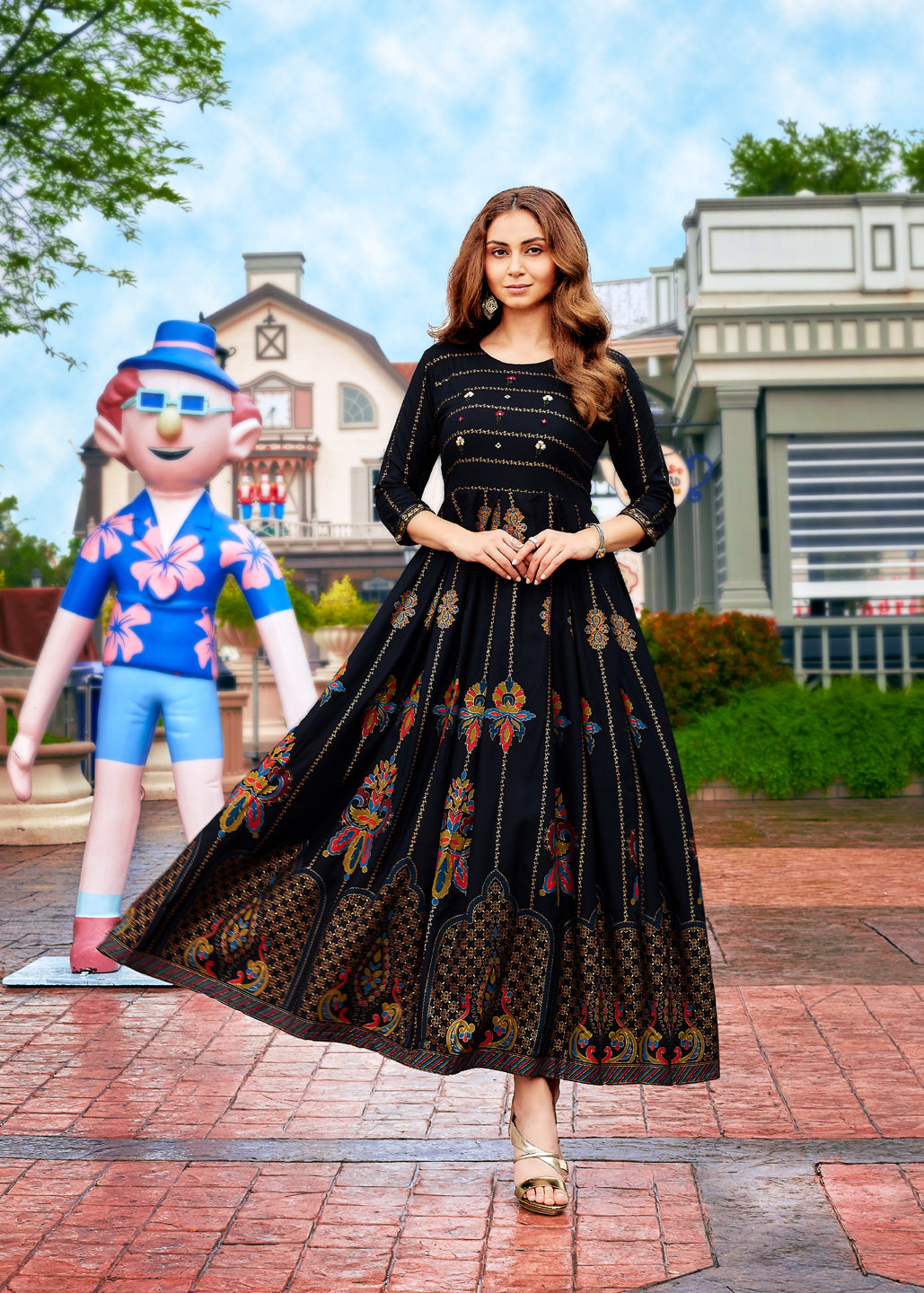 Black Rayon Embroidered Anarkali Wear For Women