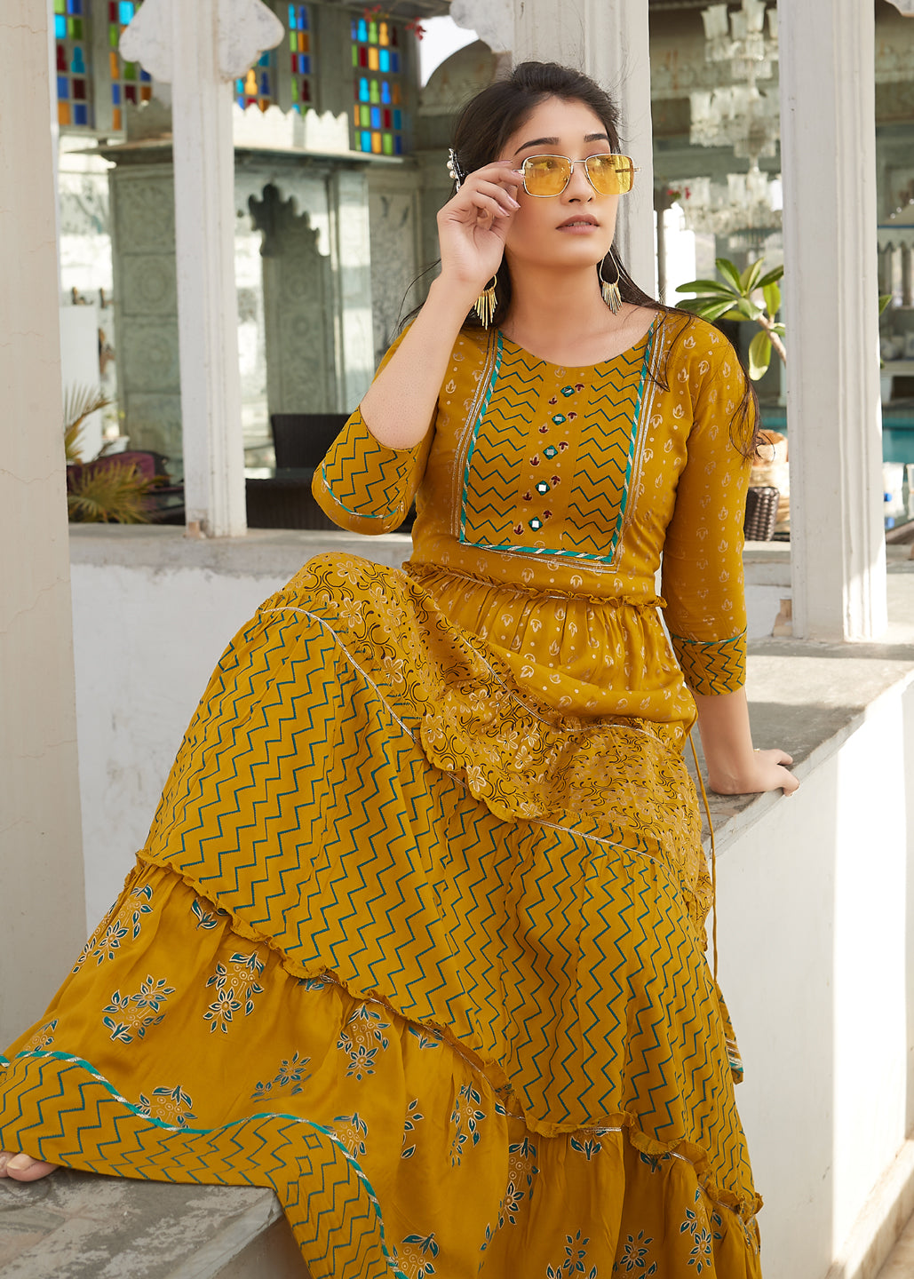 Yellow Rayon Frilled Anarkali Gown For Women