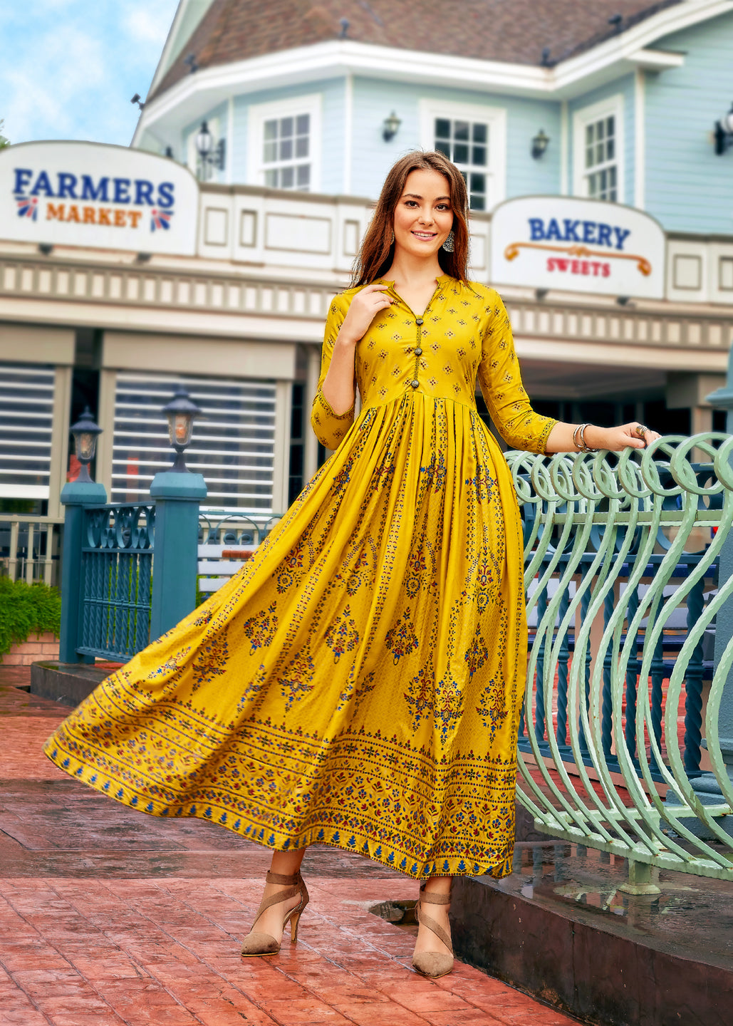 Yellow Rayon Foil Printed Anarkali Kurti Sets For Women