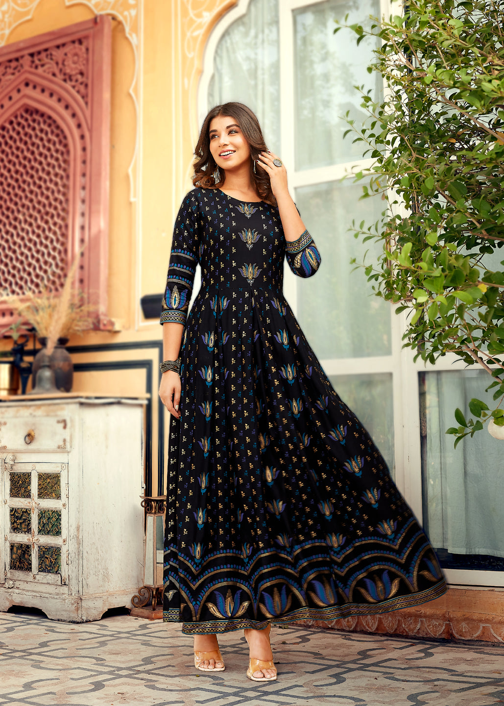 Black Rayon Anarkali Dress For Women