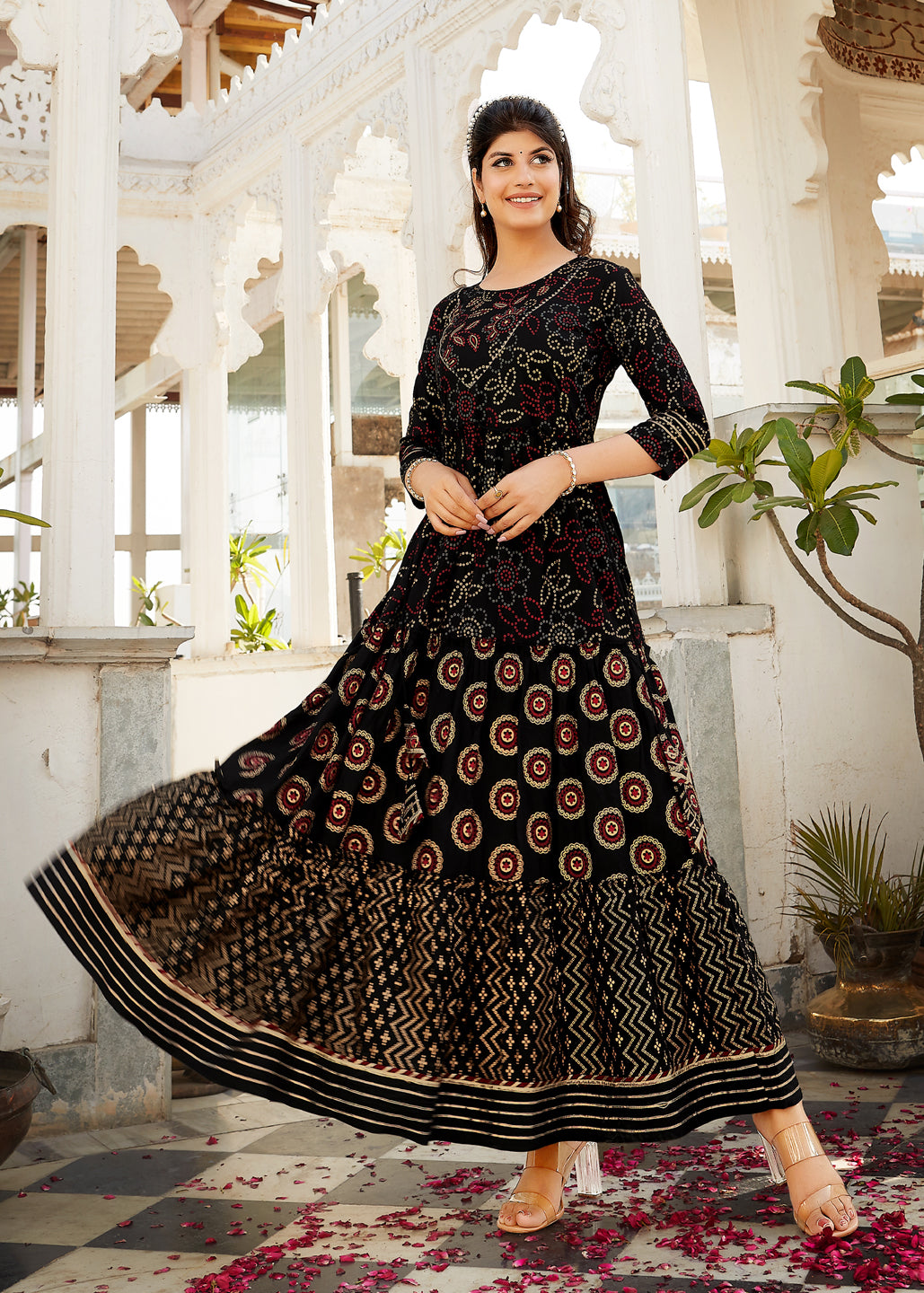 Black Rayon Frilled Printed Anarkali Kurti For Women