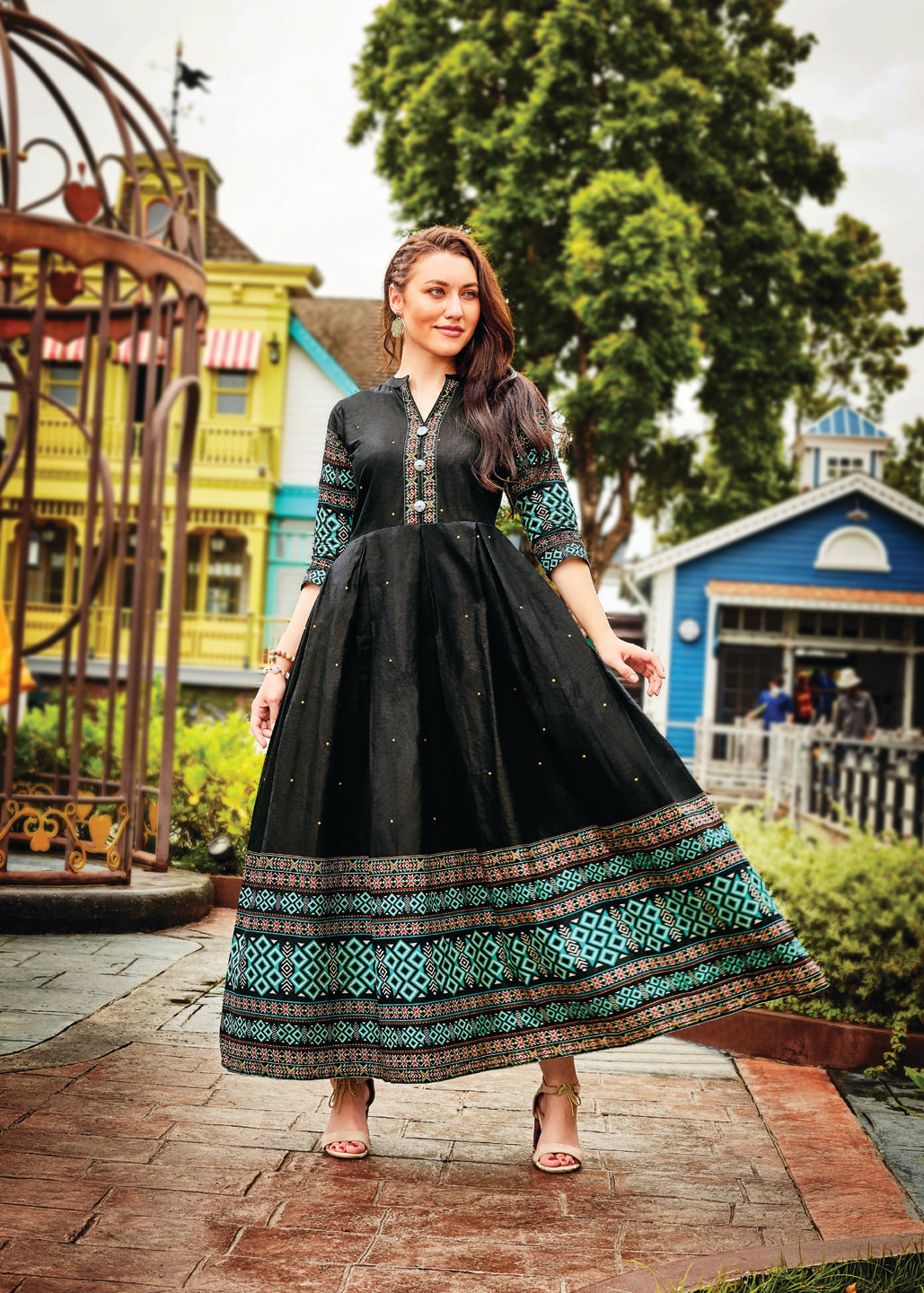 Black Cotton Printed Anarkali Wear For Women