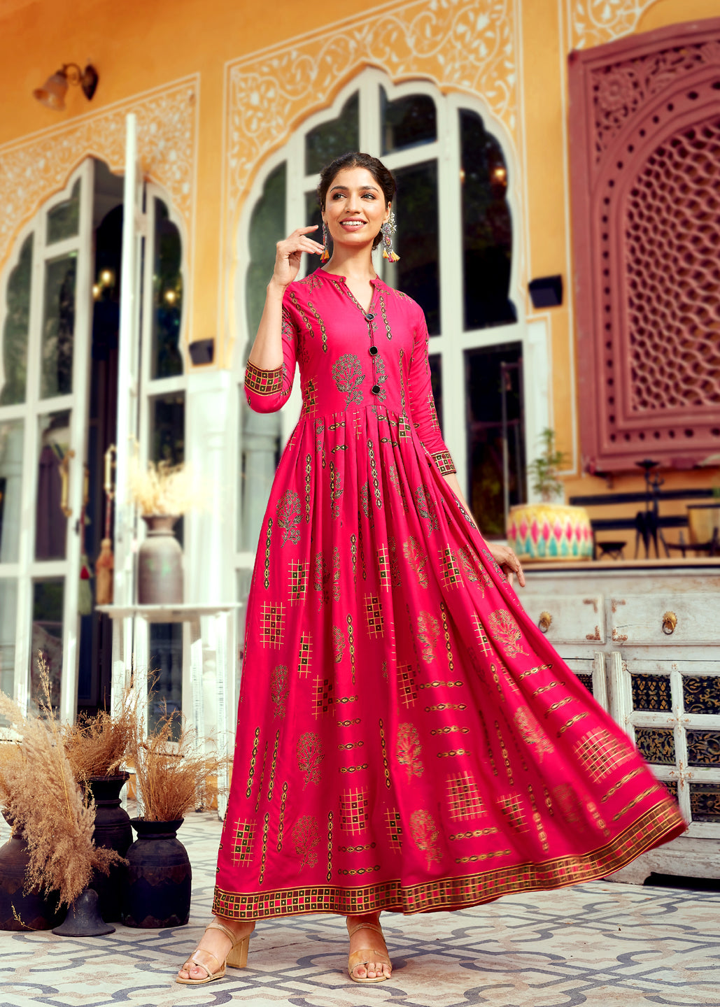 Pink Rayon Foil Printed Anarkali Kurta Sets For Women