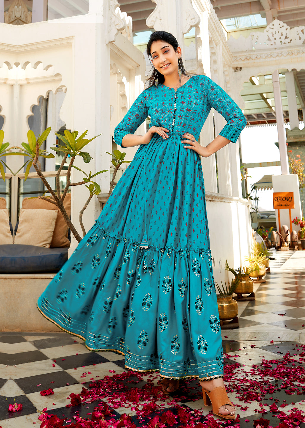 Sky Blue Rayon Frilled Anarkali Kurti For Women