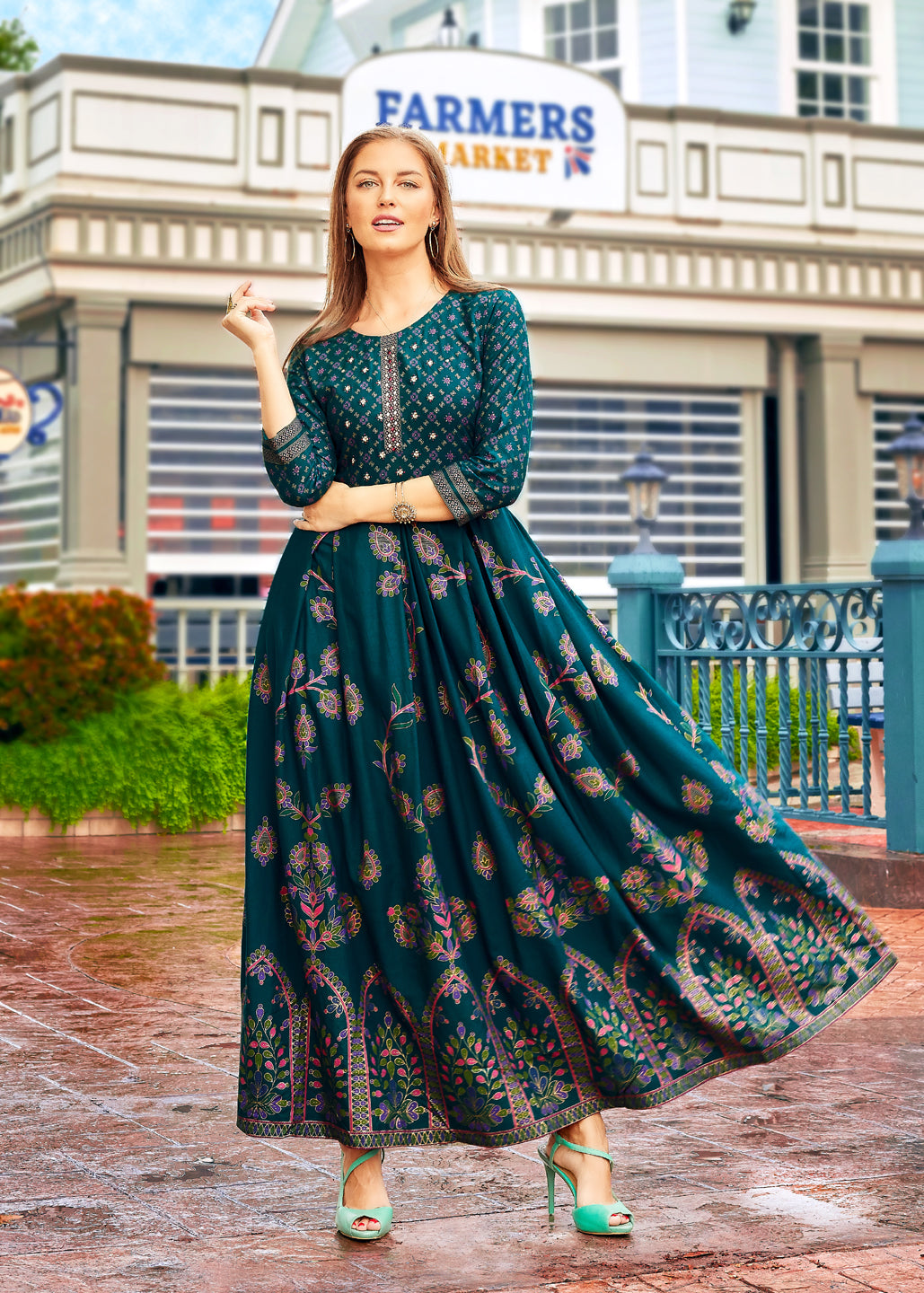 Blue Rayon Embroidered Foil Printed Anarkali Kurta For Women