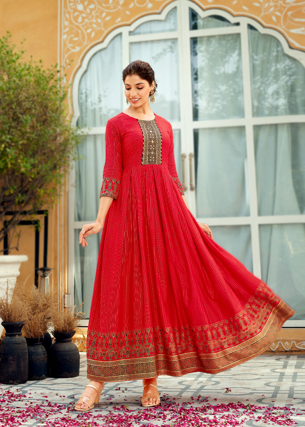 Red Rayon Foil Printed Anarkali Kurta For Women