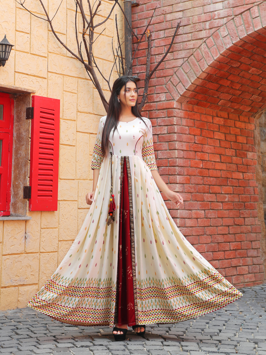 White Rayon Printed Anarkali Suit For Women