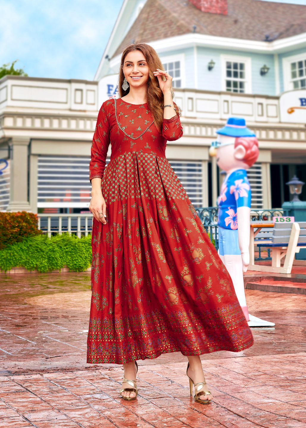 Rust Rayon Foil Printed Anarkali Kurti