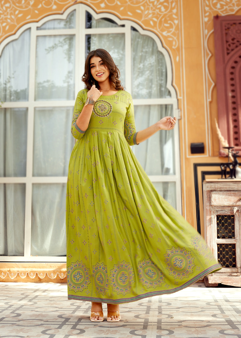 Parrot Green Rayon Embroidered Foil Printed Anarkali Kurti For Women