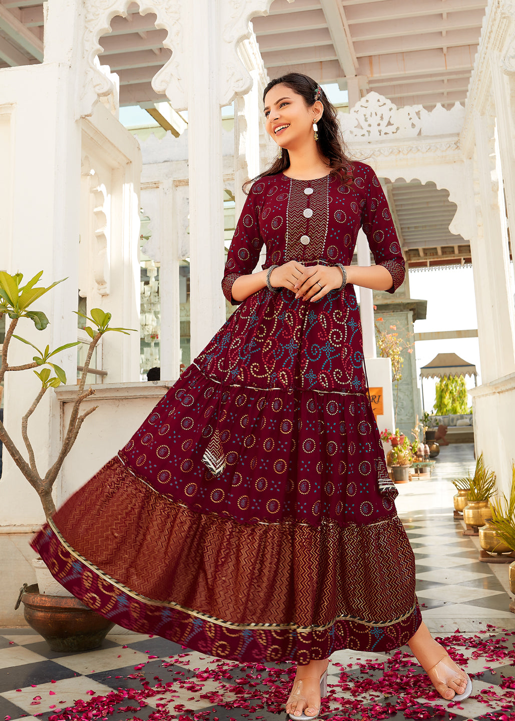 Maroon Rayon Frilled Anarkali Dress For Women