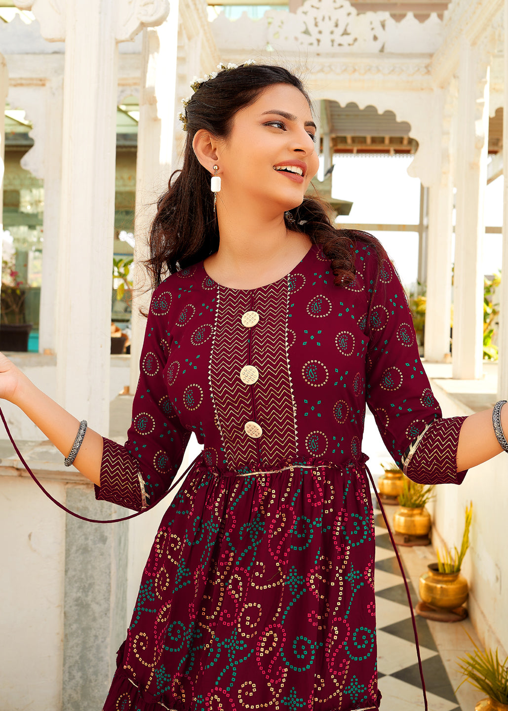 Anarkali Kurta Set Maroon Coloured Rayon Printed Placket View