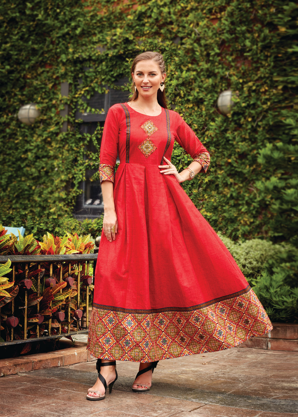 Red Cotton Embroidered Printed Anarkali Suit For Women