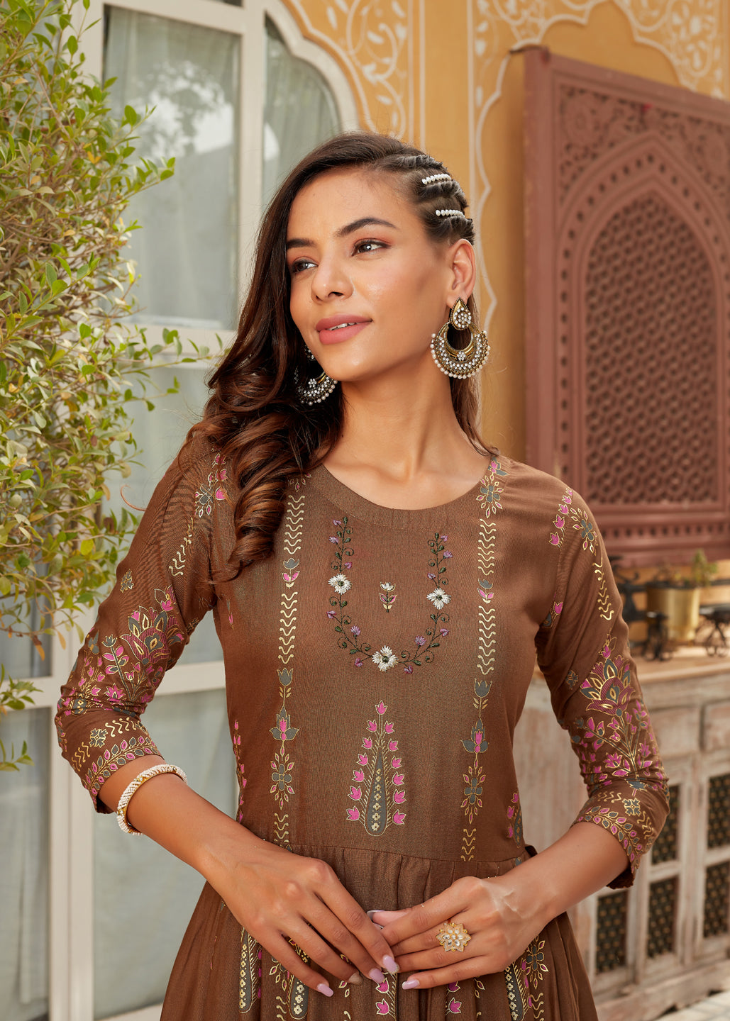 Brown Embroidered Anarkali Kurti Placket View