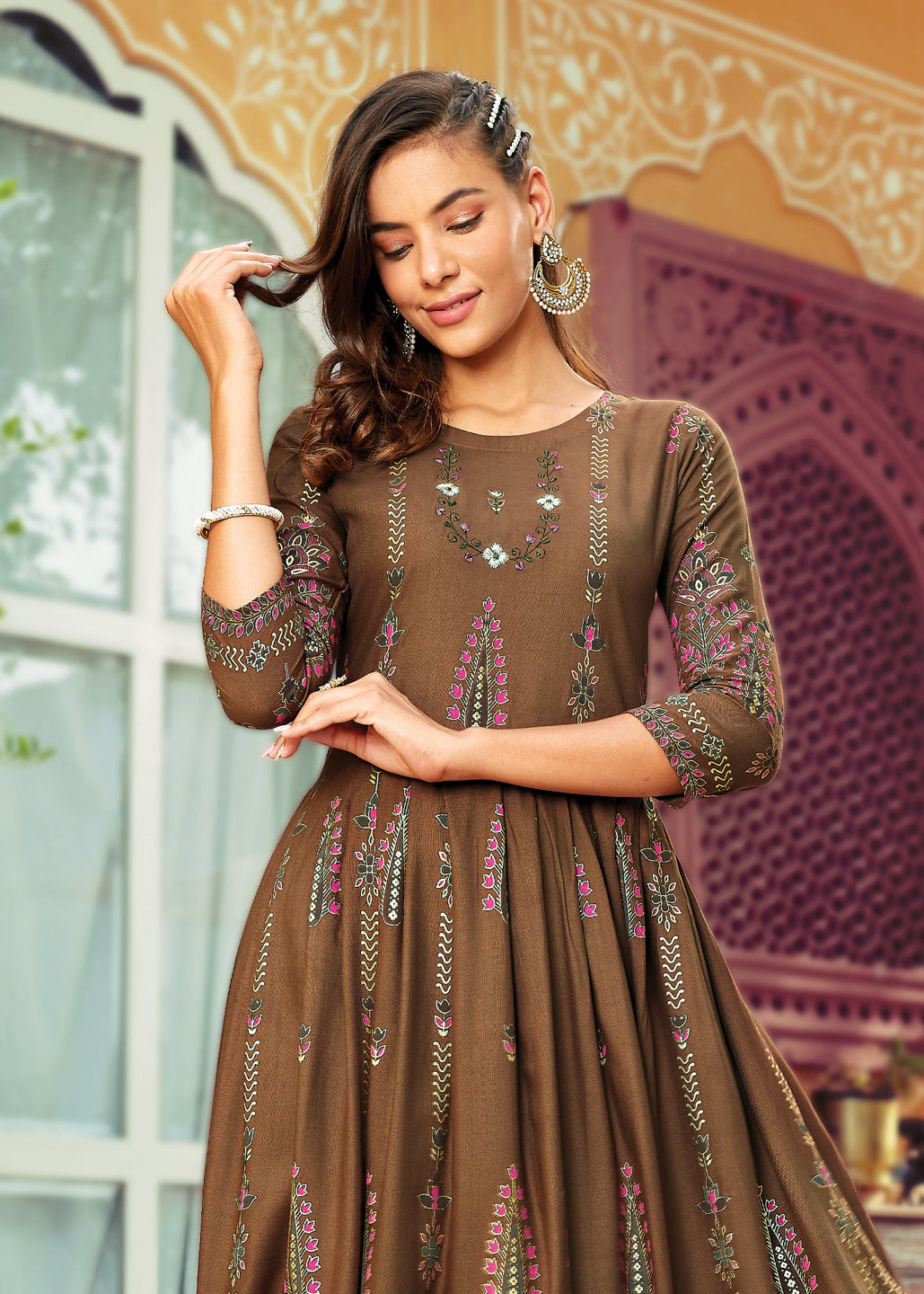 Brown Anarkali Kurti Placket View