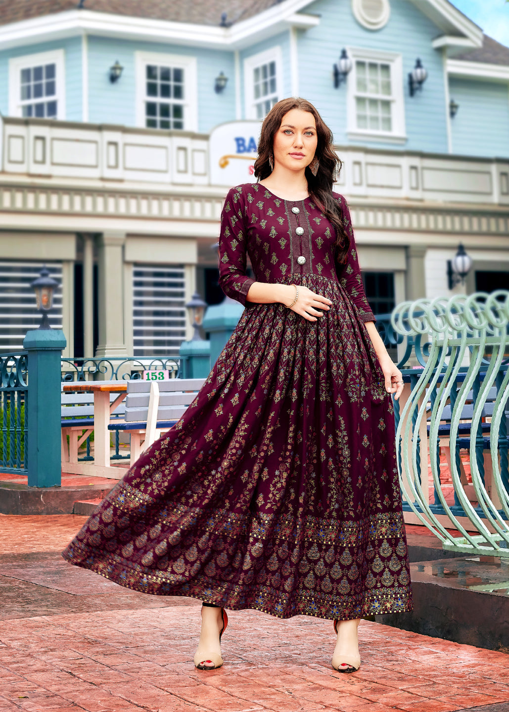 Purple Rayon Foil Printed Anarkali Kurti Sets For Women