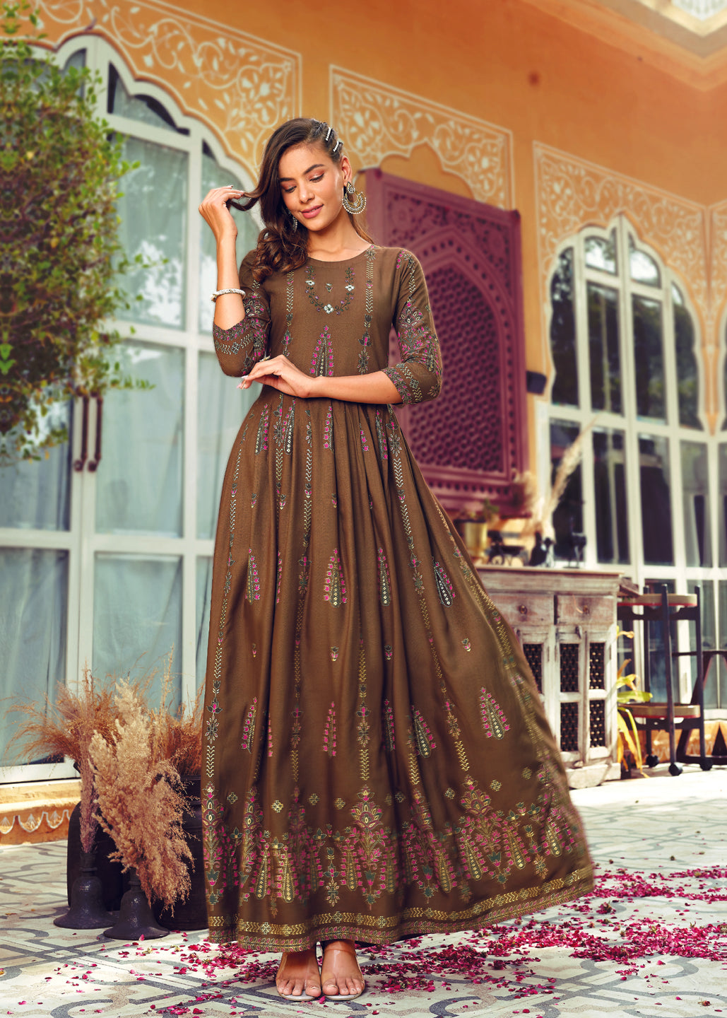 Brown Rayon Embroidered Anarkali Wear For Women