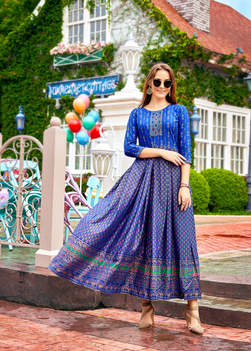 Royal Blue Rayon Embroidered Anarkali Dress For Women