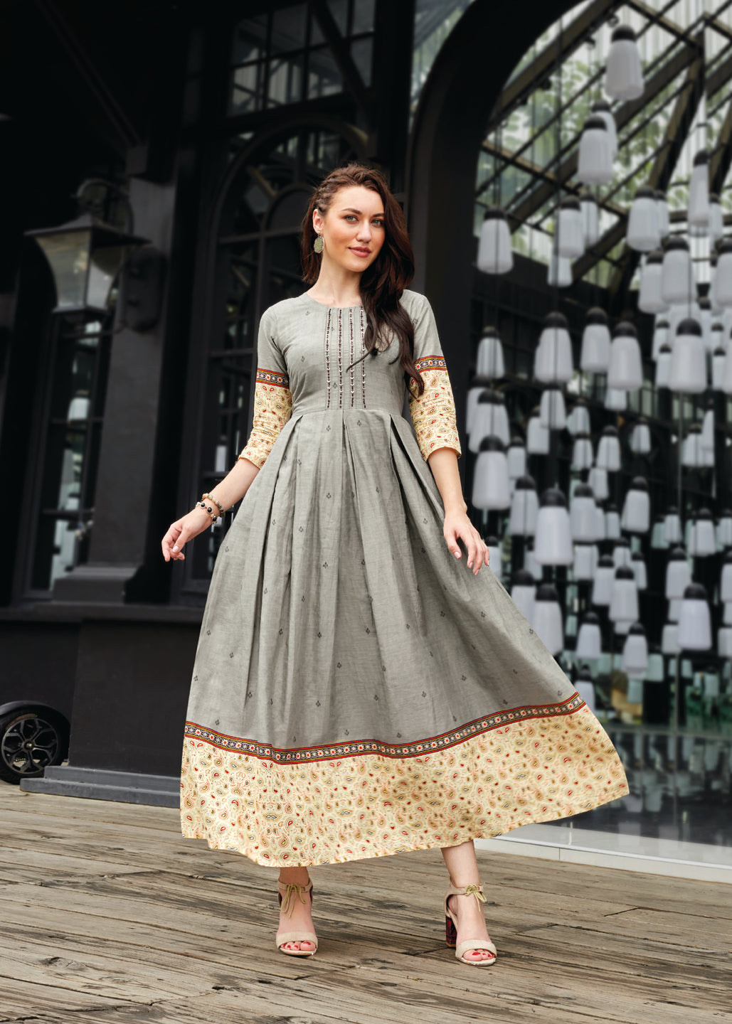 Gray Cotton Printed Anarkali Kurti Sets For Women