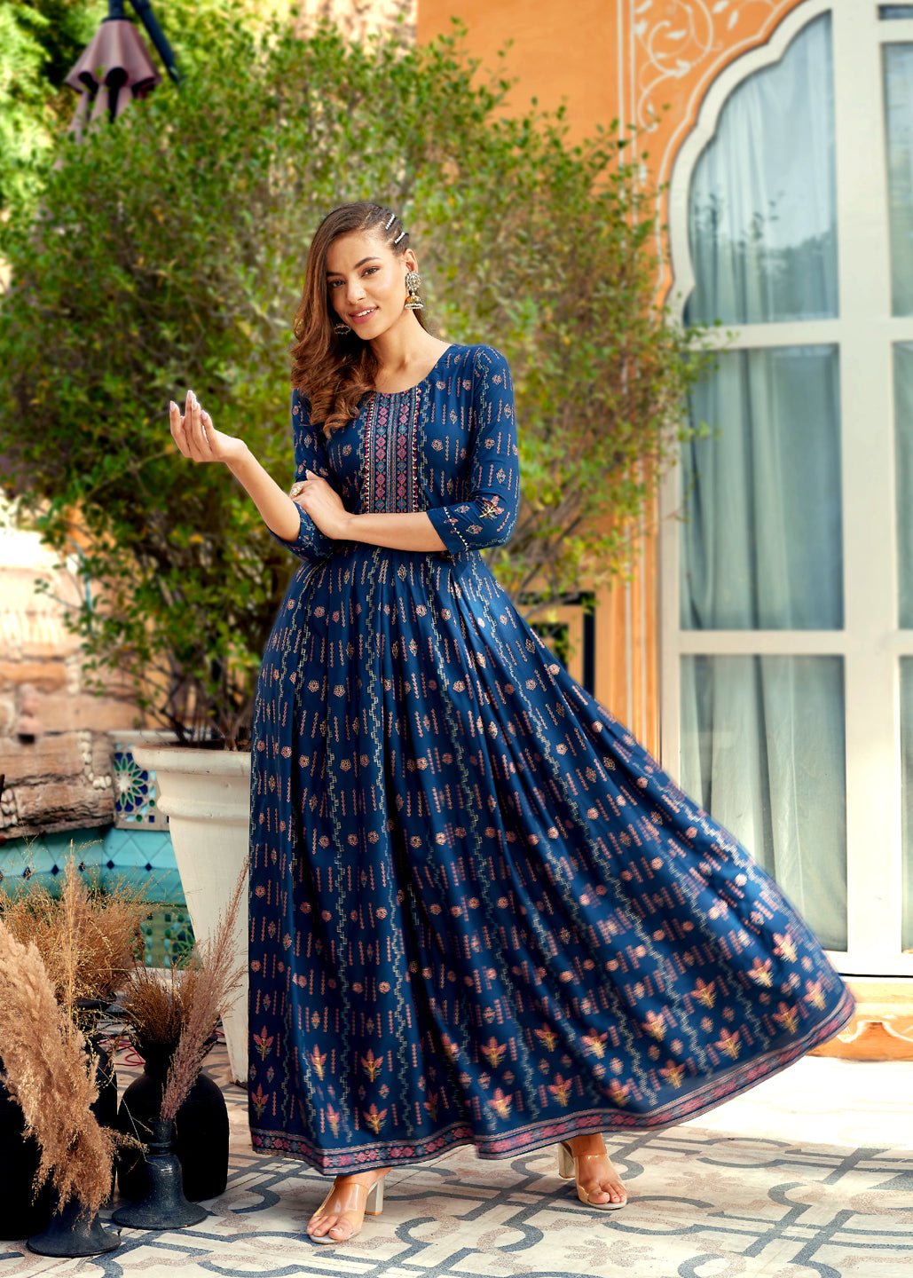 Blue Rayon Foil Printed Anarkali Kurti Sets For Women