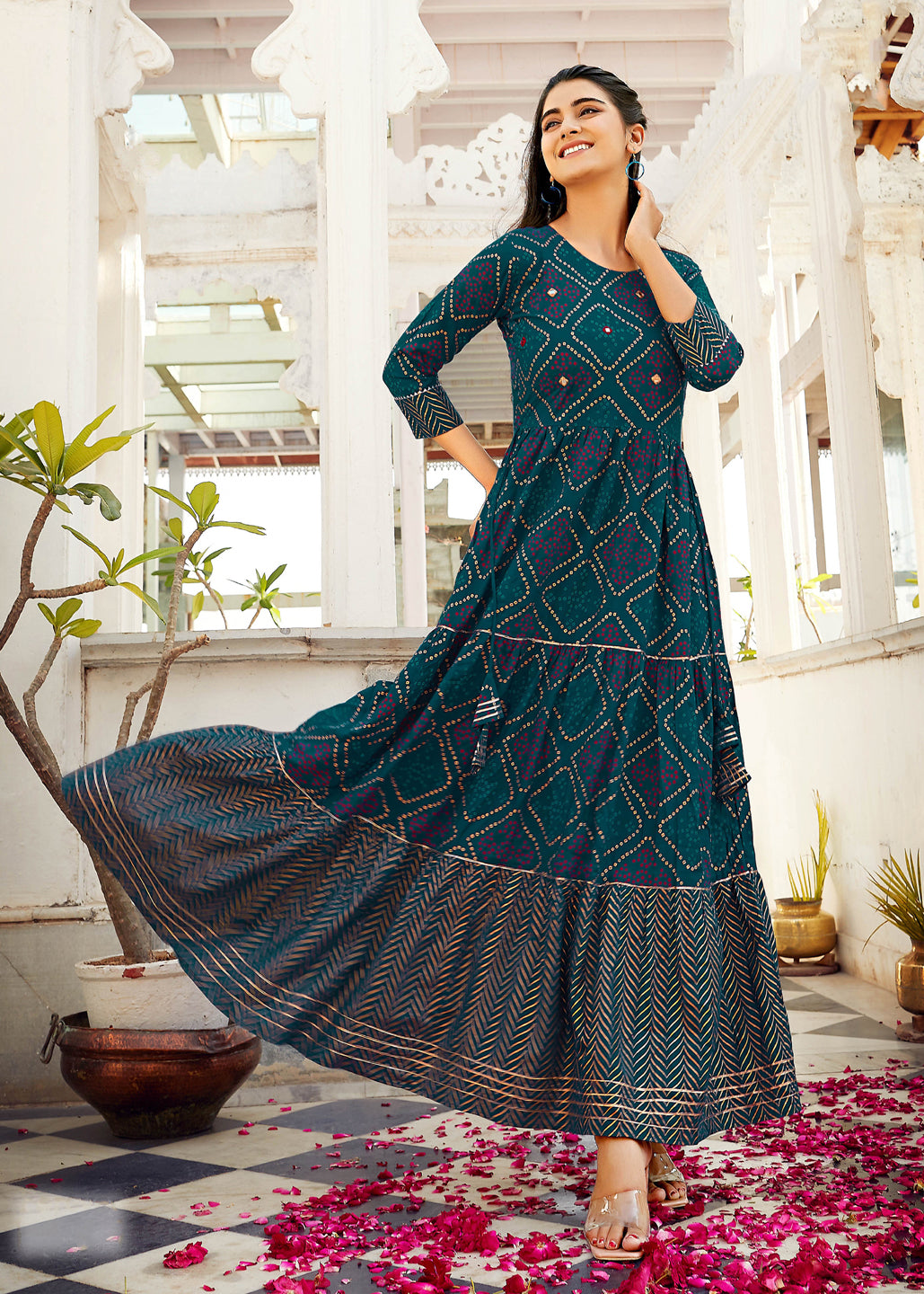 Blue Rayon Frilled Anarkali Suit For Women