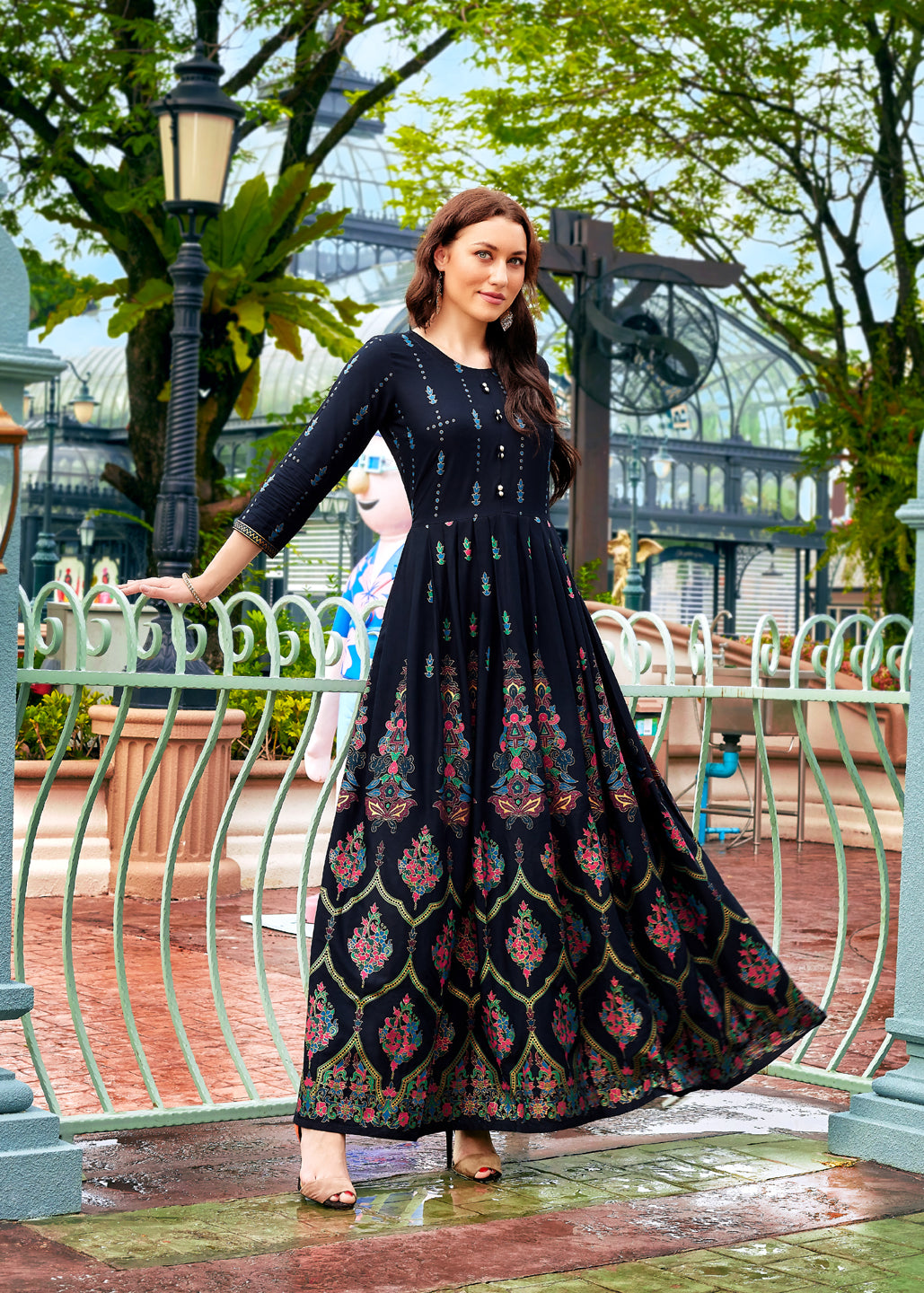 Blue Rayon Foil Printed Anarkali Gown For Women