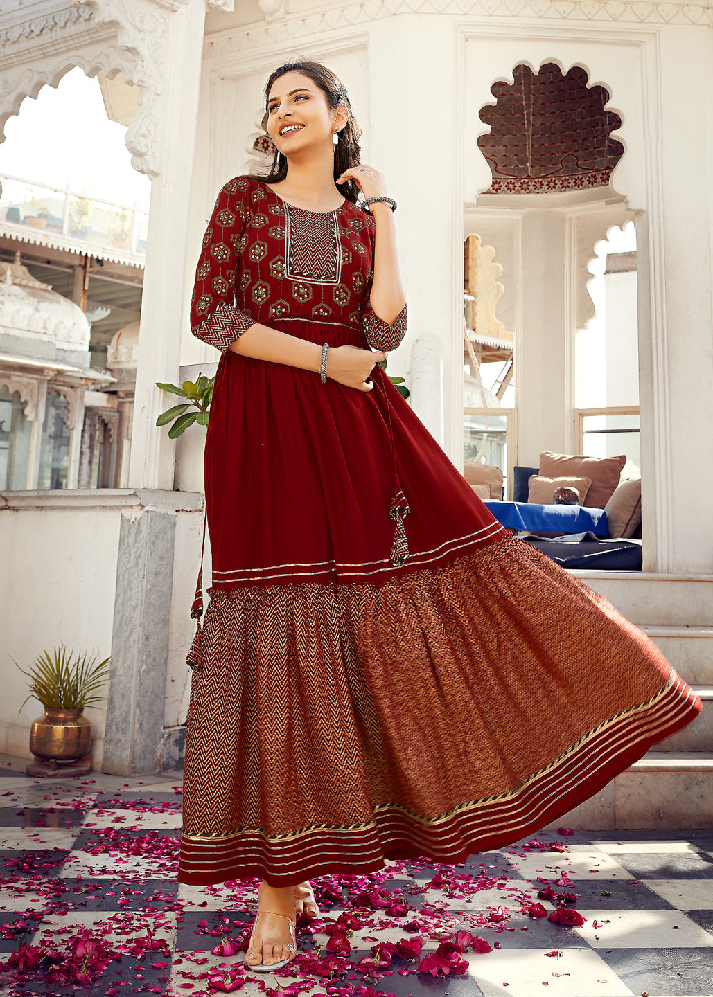 Maroon Rayon Frilled Embroidered Anarkali Kurti For Women