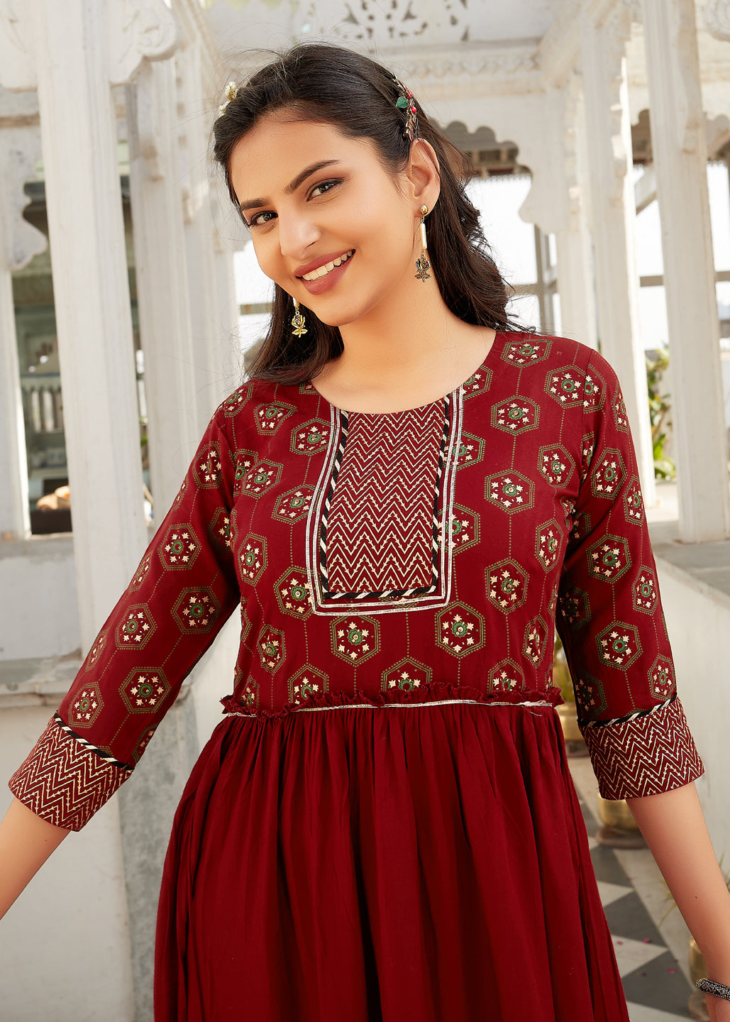 Maroon Rayon Frilled Embroidered Anarkali Kurti For Women