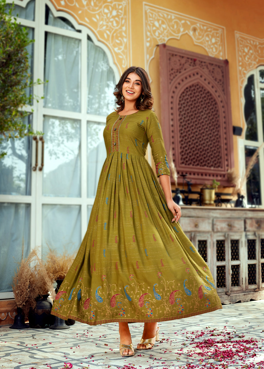 Green Rayon Foil Printed Anarkali Gown For Women