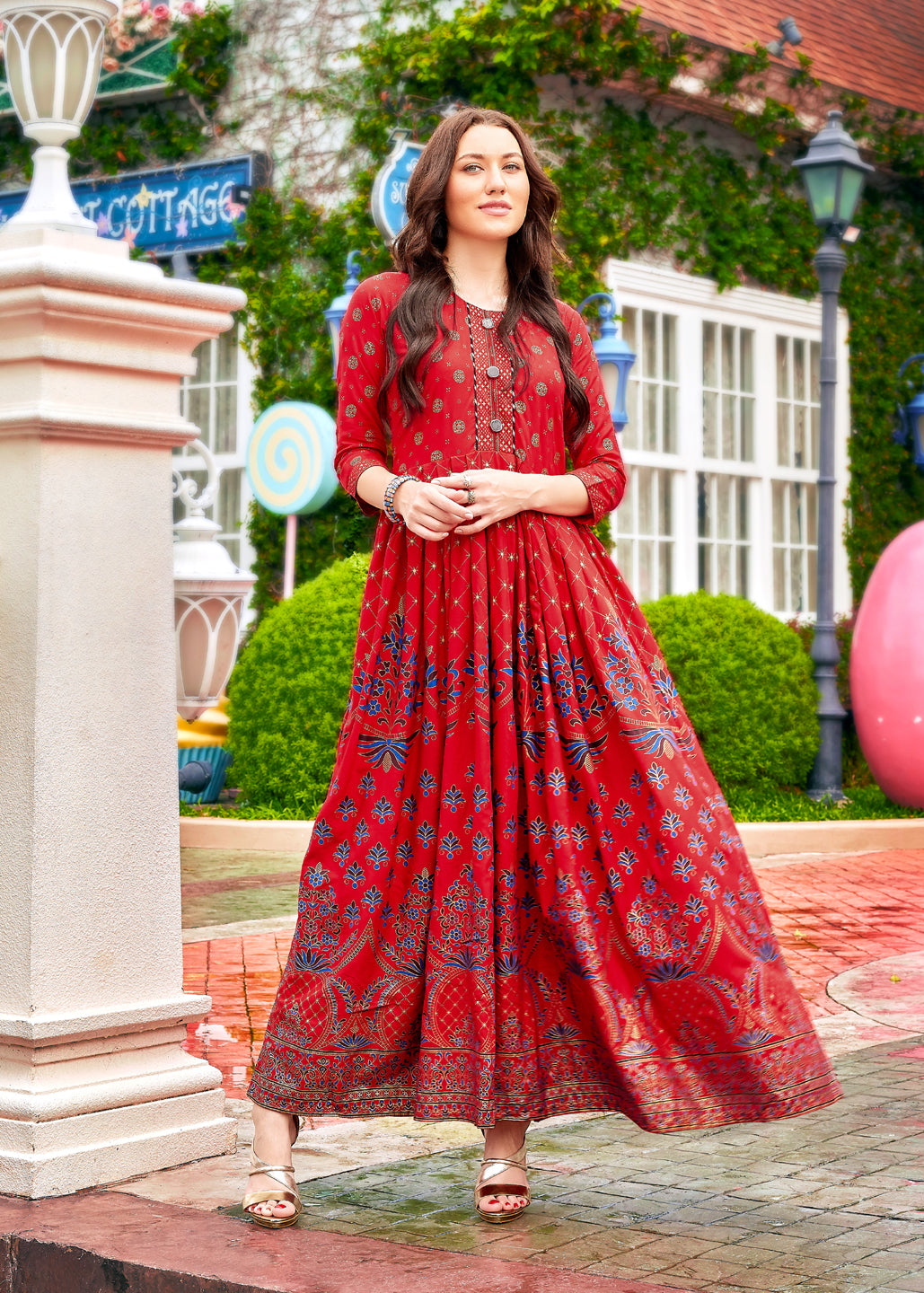 Red Rayon Printed Anarkali Suit For Women