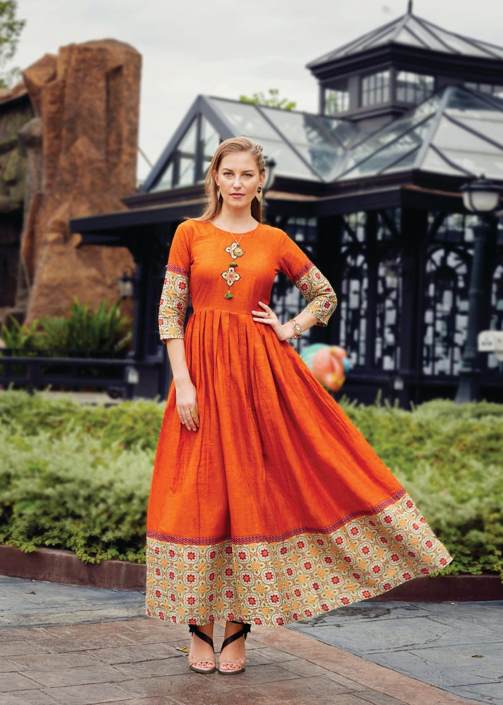 Orange Cotton Embroidered Printed Anarkali Gown For Women