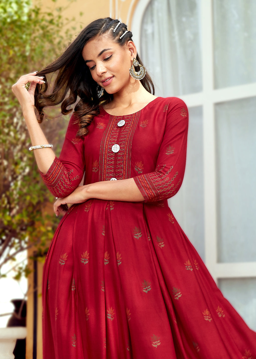 Maroon Rayon Printed Anarkali Suit Placket View