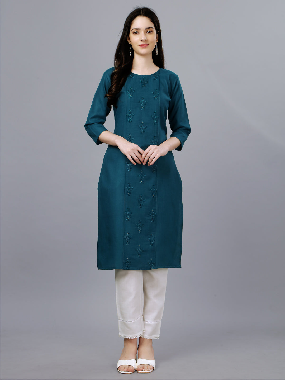 Blue Embroidered Cotton Long Kurti For Women