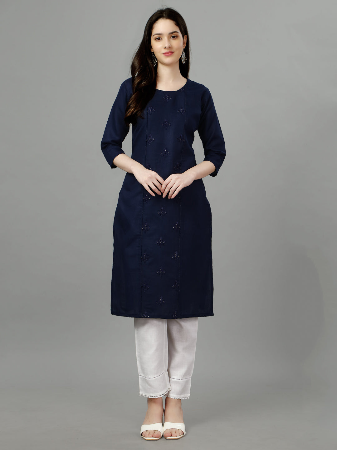 Navy Blue Embroidered Cotton Long Kurti For Women