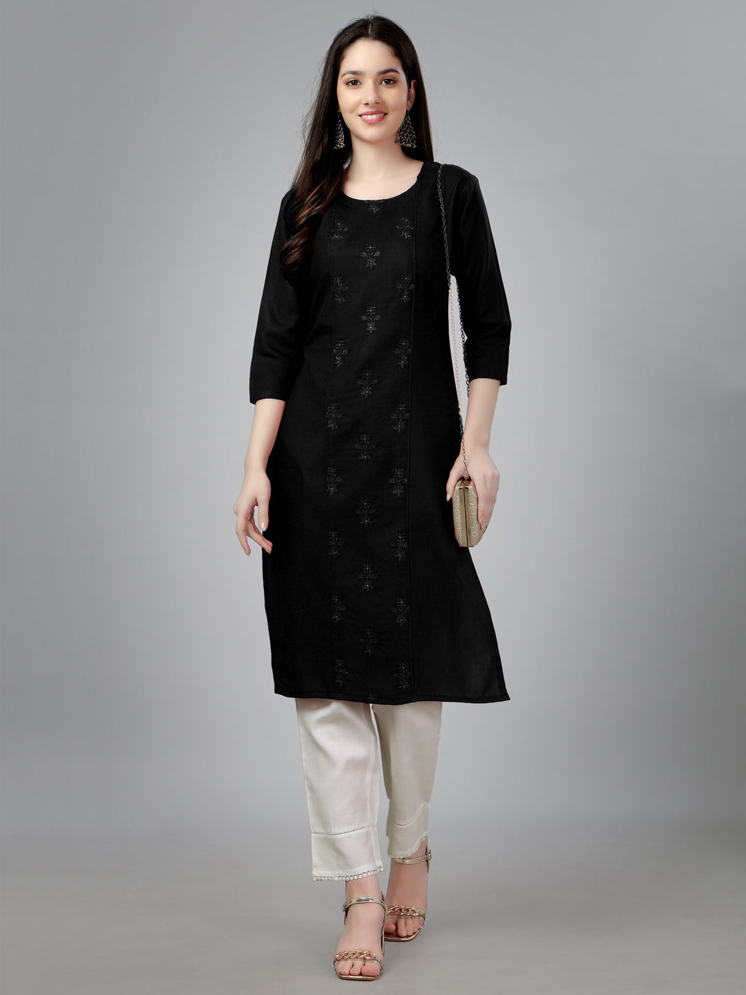 Black Embroidered Cotton Long Kurti For Women