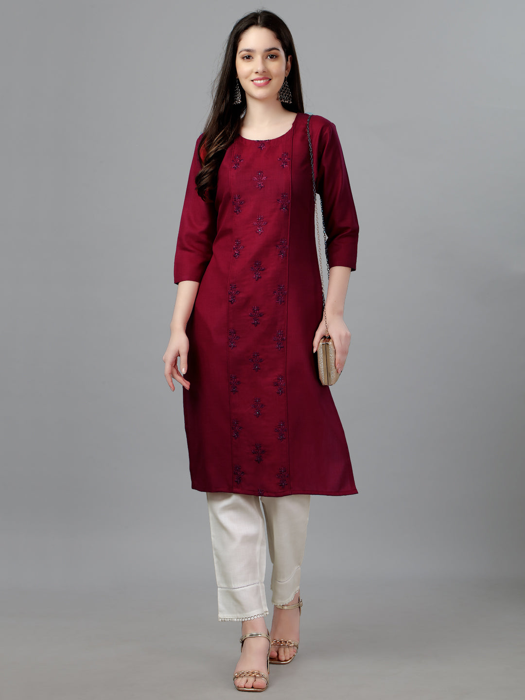 Maroon Embroidered Cotton Long Kurti For Women