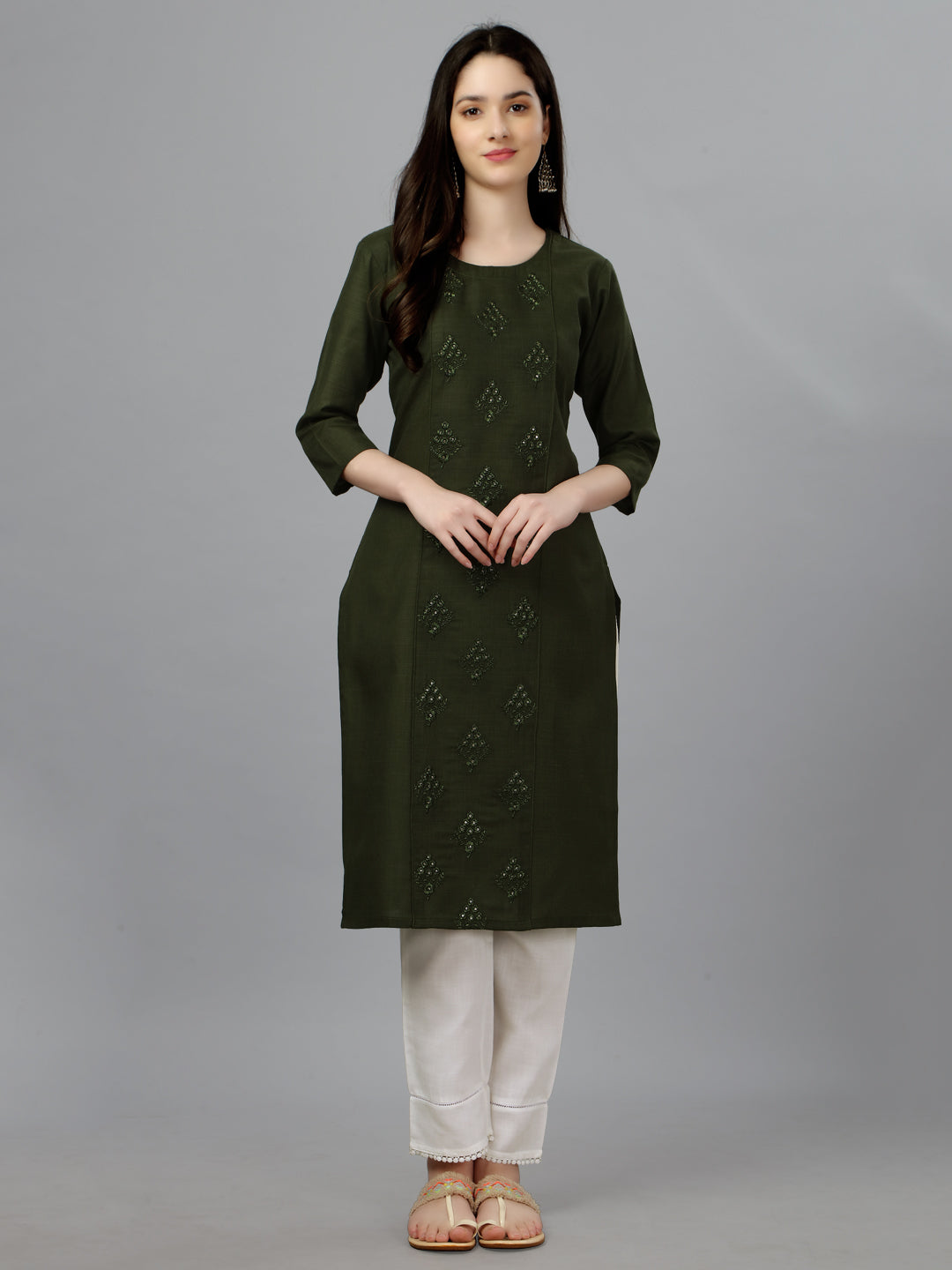 Mehendi Green Embroidered Cotton Long Kurta For Women