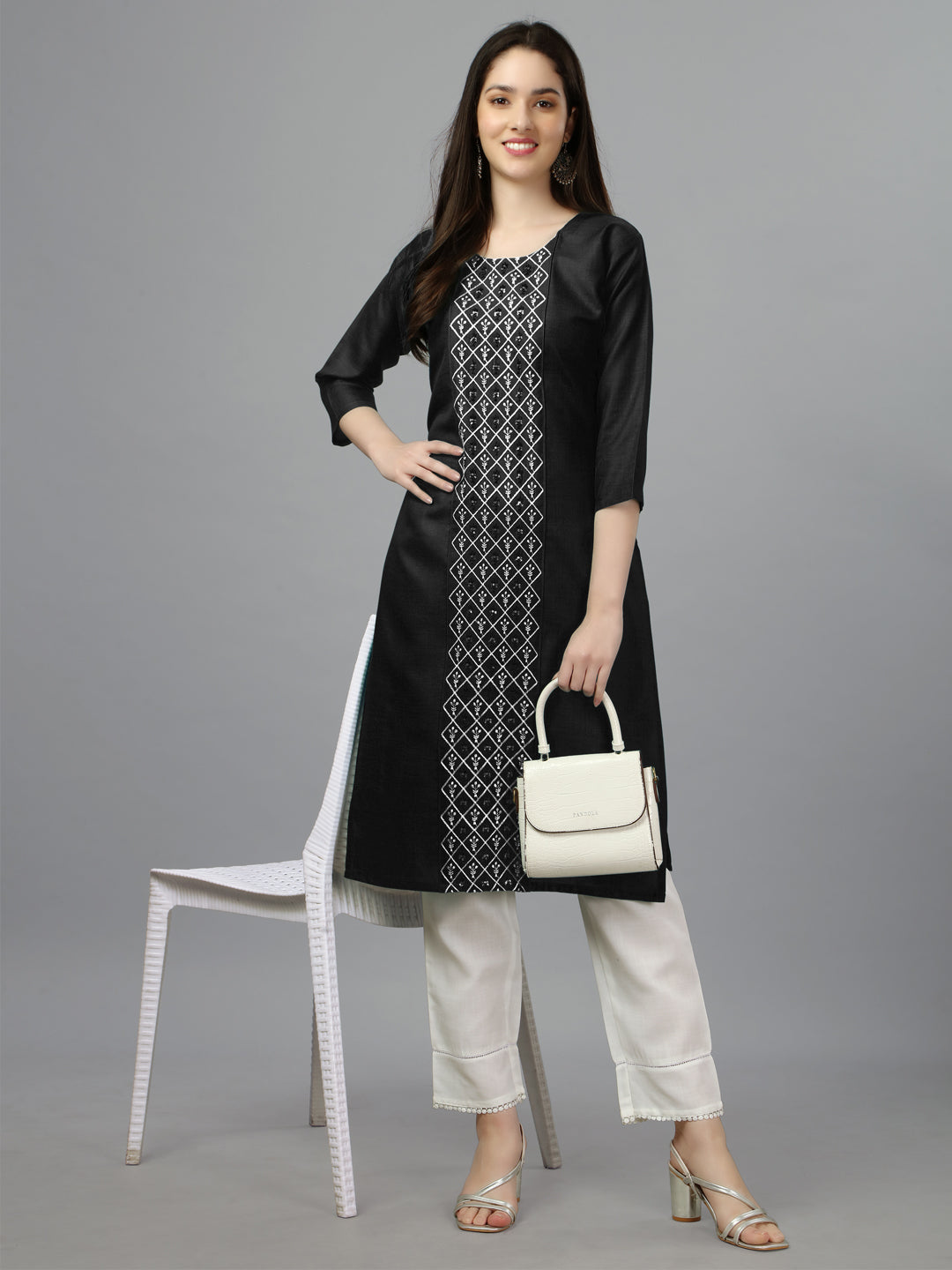 Black Embroidered Cotton Long Kurta For Women