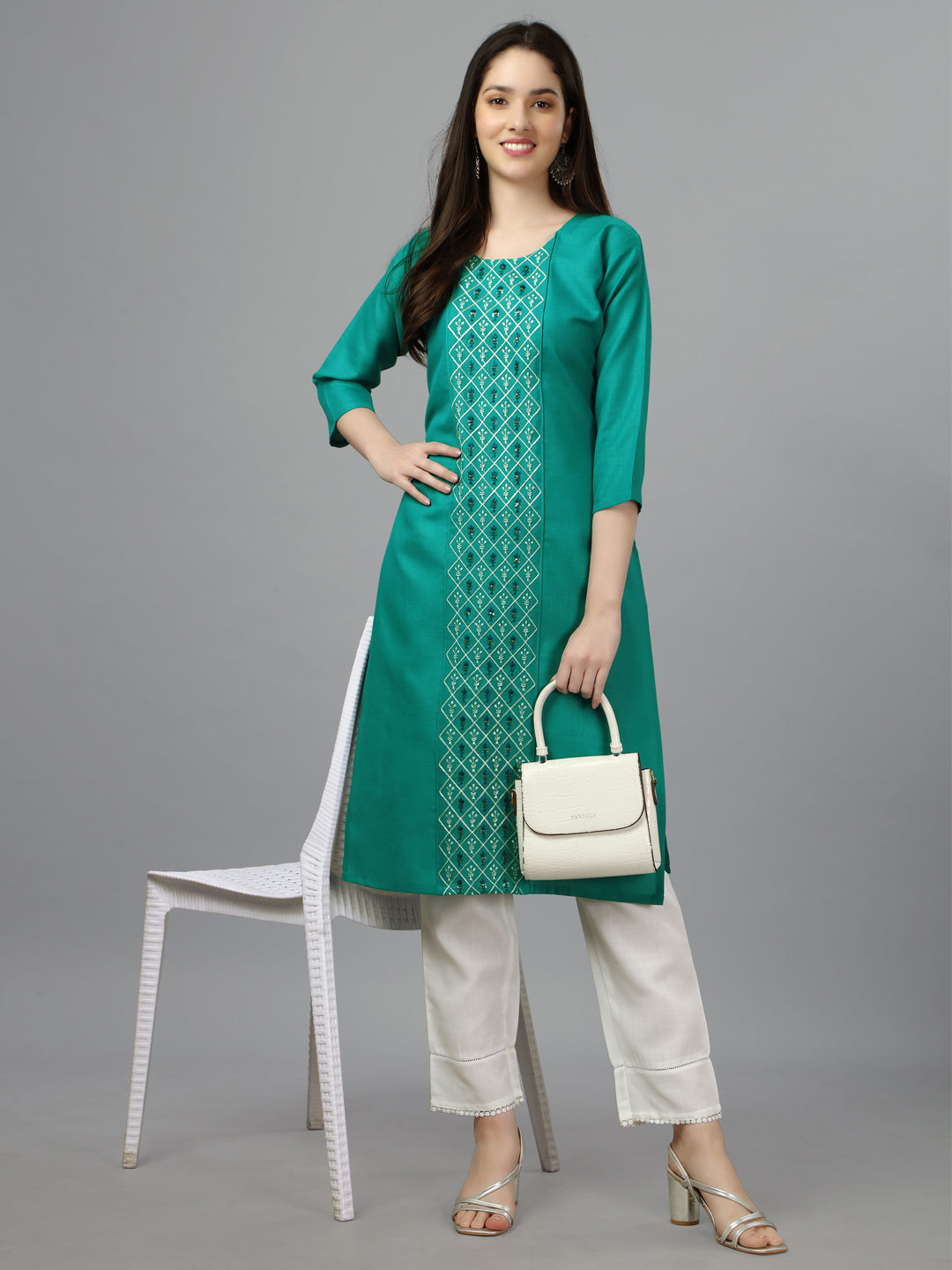 Light Green Embroidered Cotton Long Kurti For Women