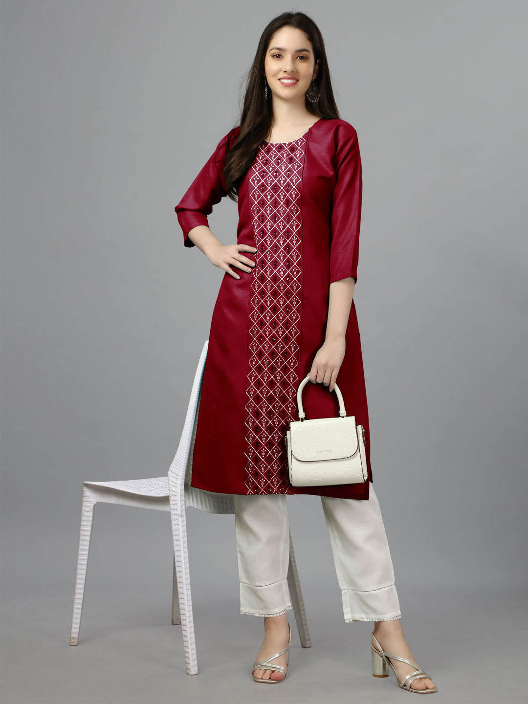 Maroon Embroidered Cotton Long Kurta For Women