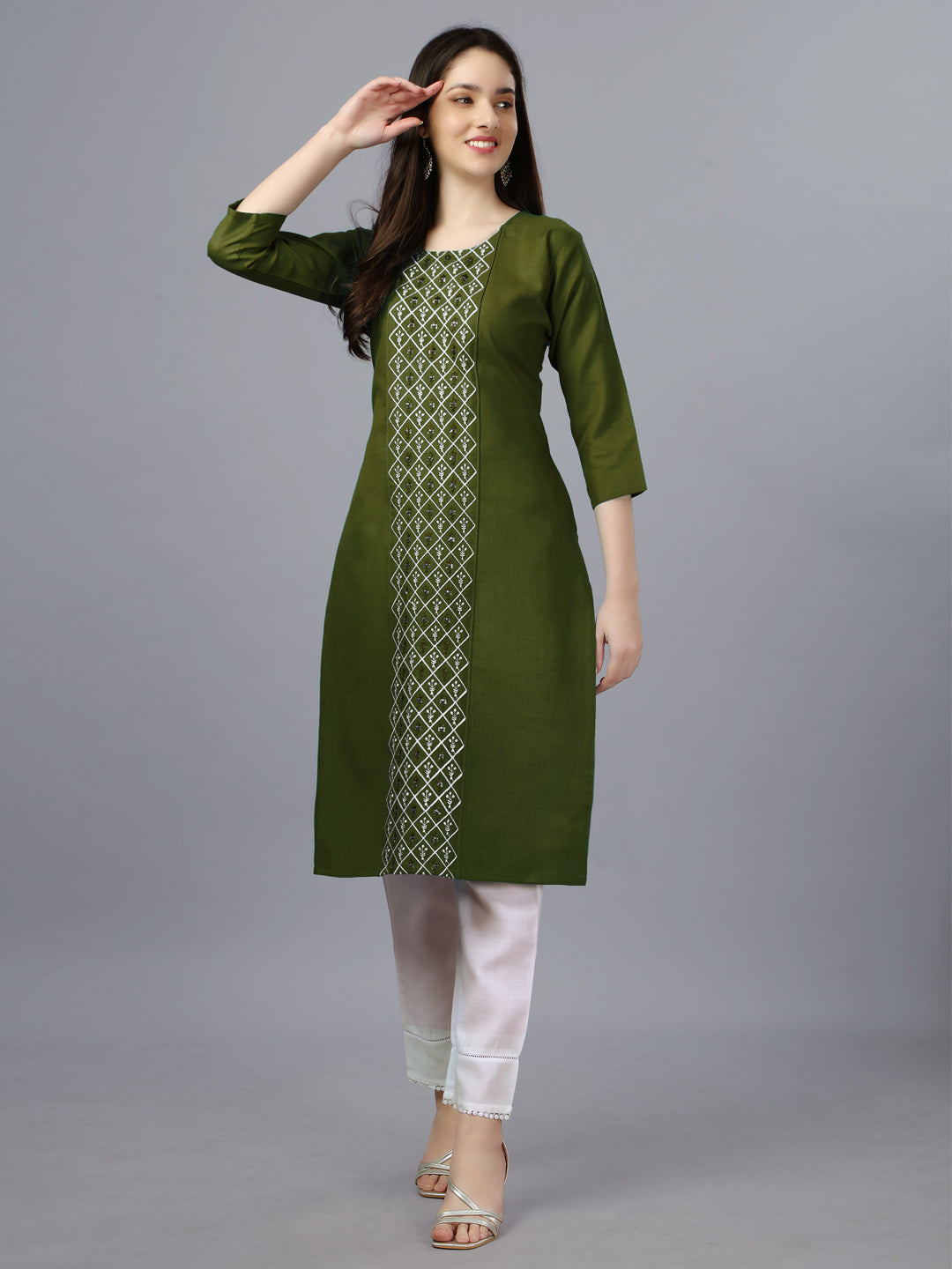 Mehendi Green Embroidered Cotton Long Kurti For Women