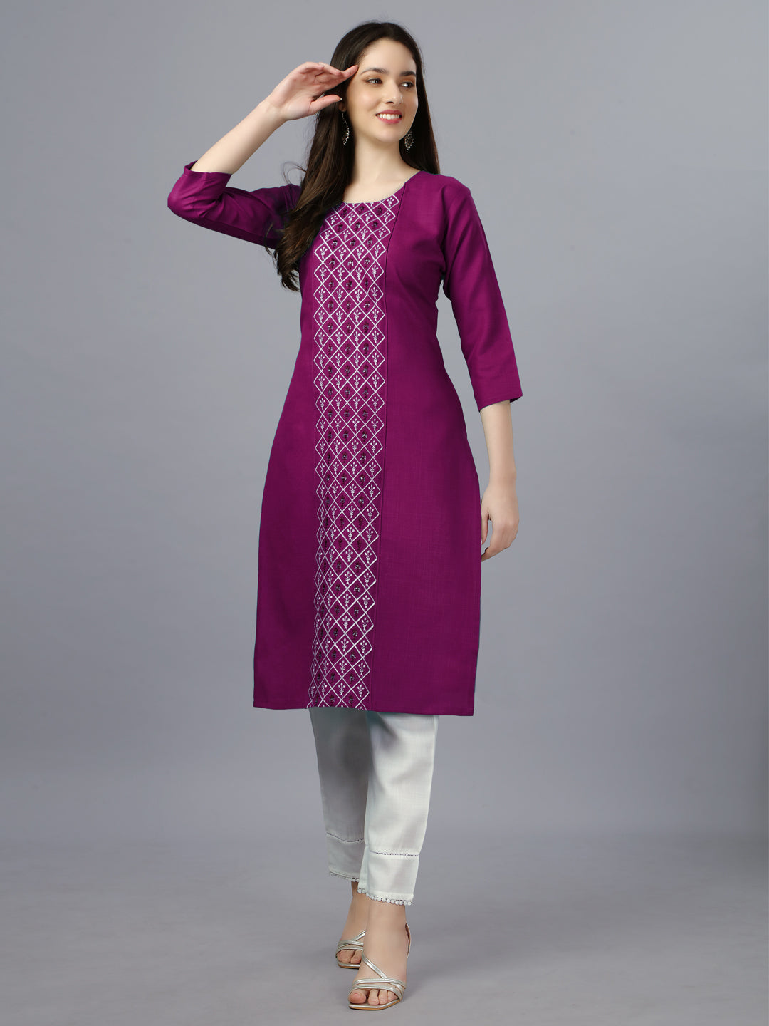 Purple Embroidered Cotton Long Kurta For Women