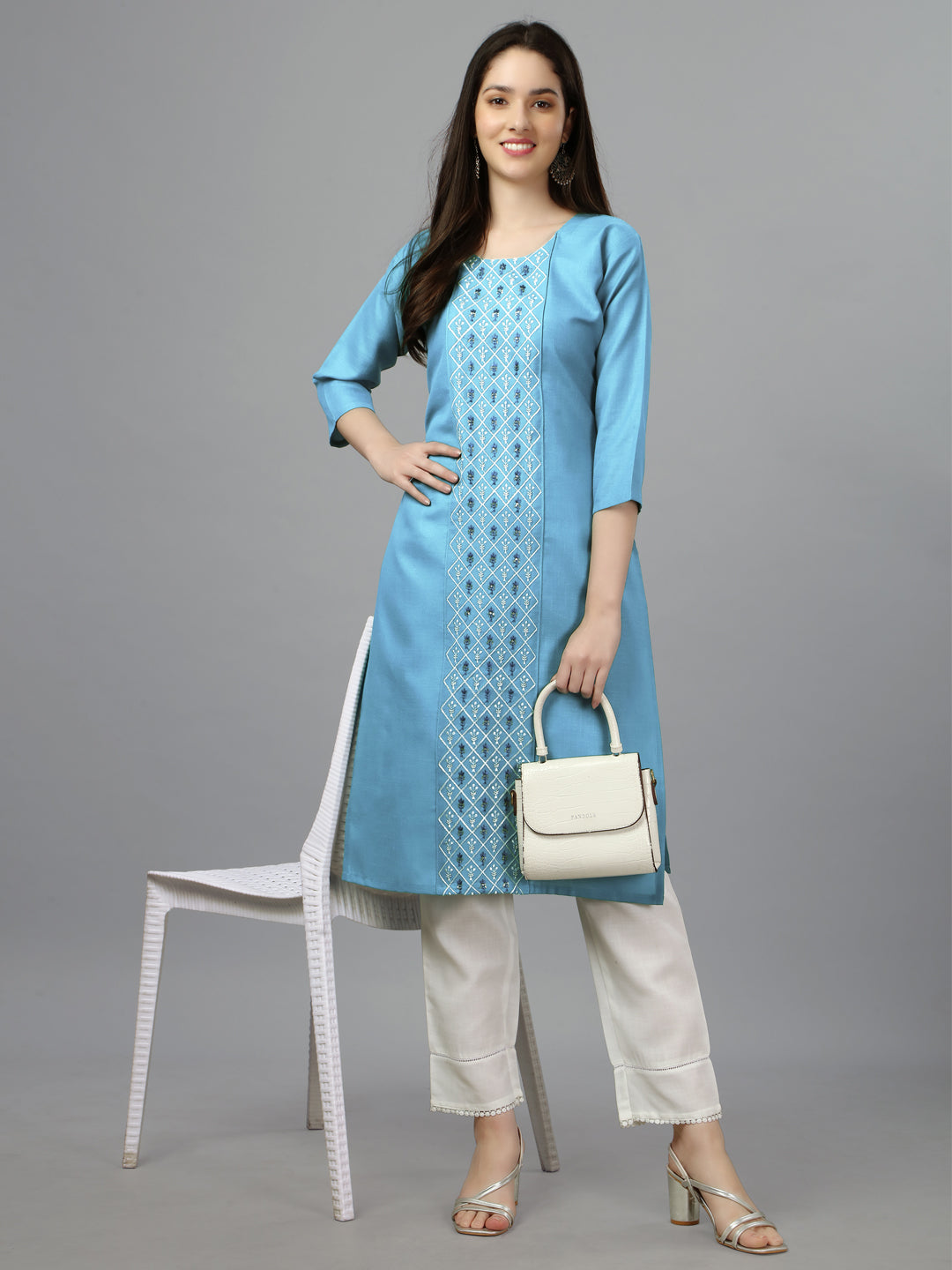 Sky Blue Embroidered Cotton Long Kurta For Women