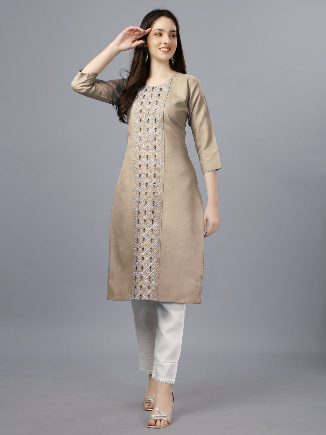 Beige Embroidered Cotton Long Kurta For Women