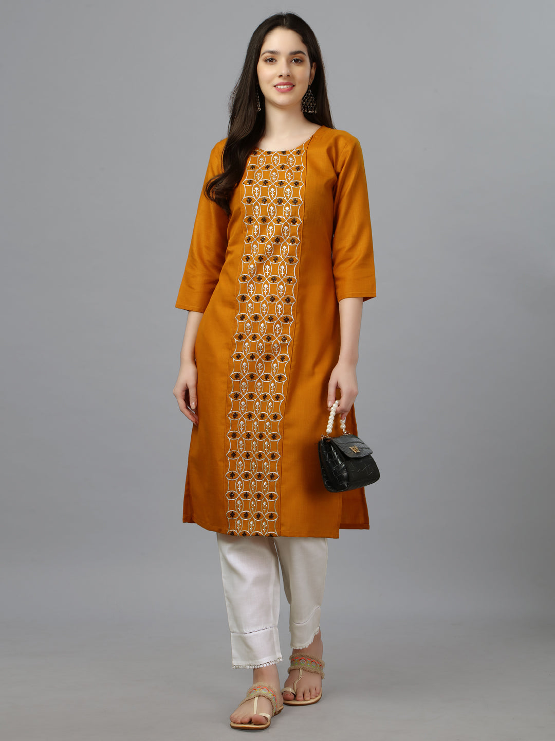 Mustard Yellow Embroidered Cotton Long Kurti For Women