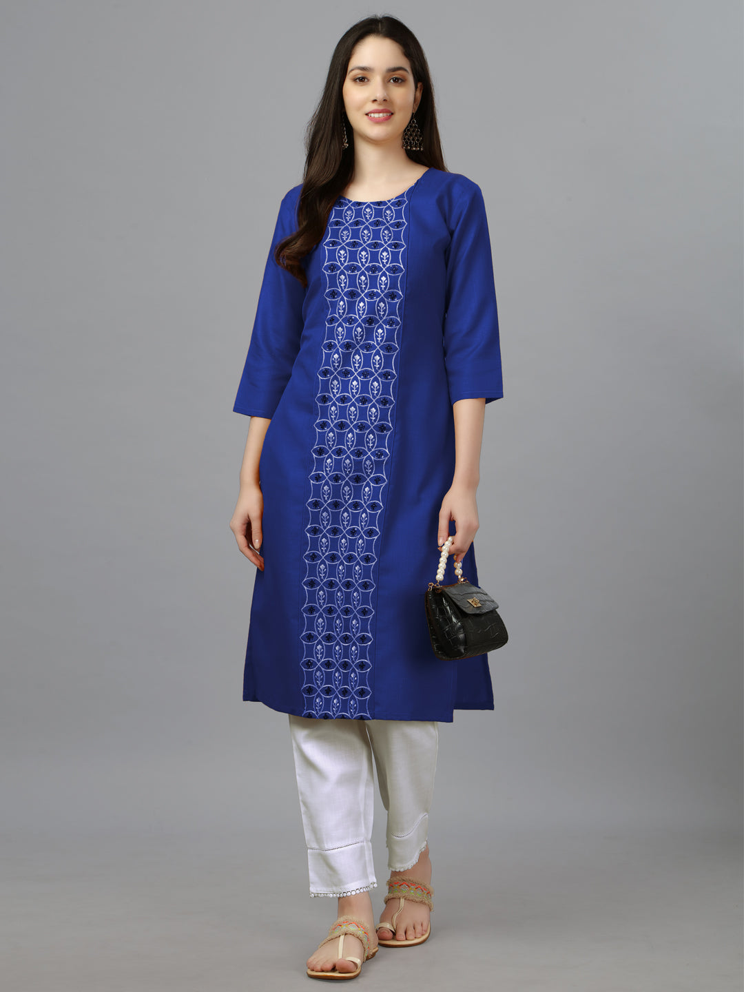 Royal Blue Embroidered Cotton Long Kurti For Women