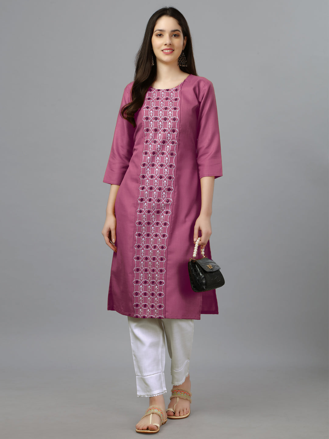 Purple Embroidered Cotton Long Kurti For Women