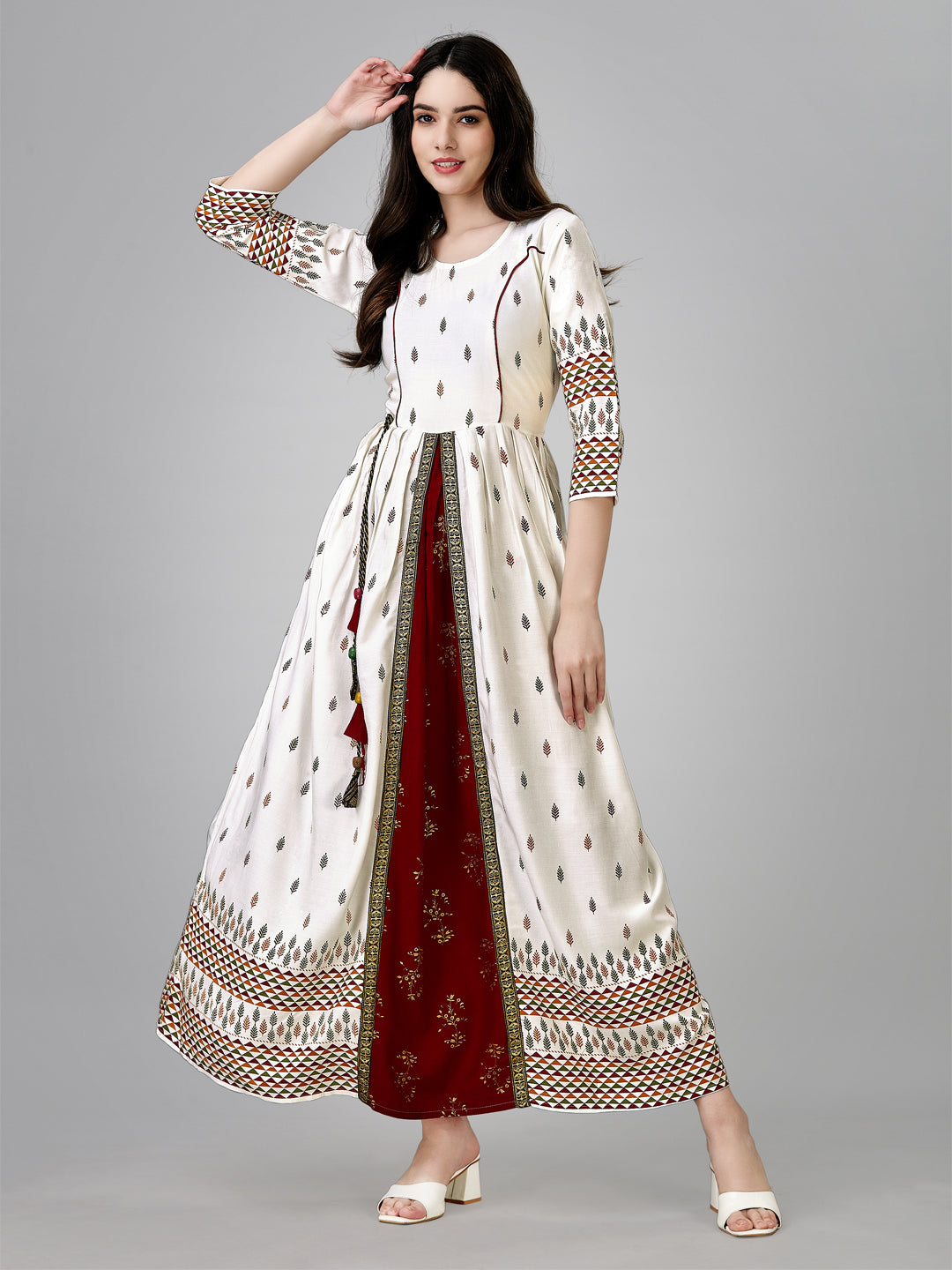 White Rayon Printed Anarkali Kurta Set