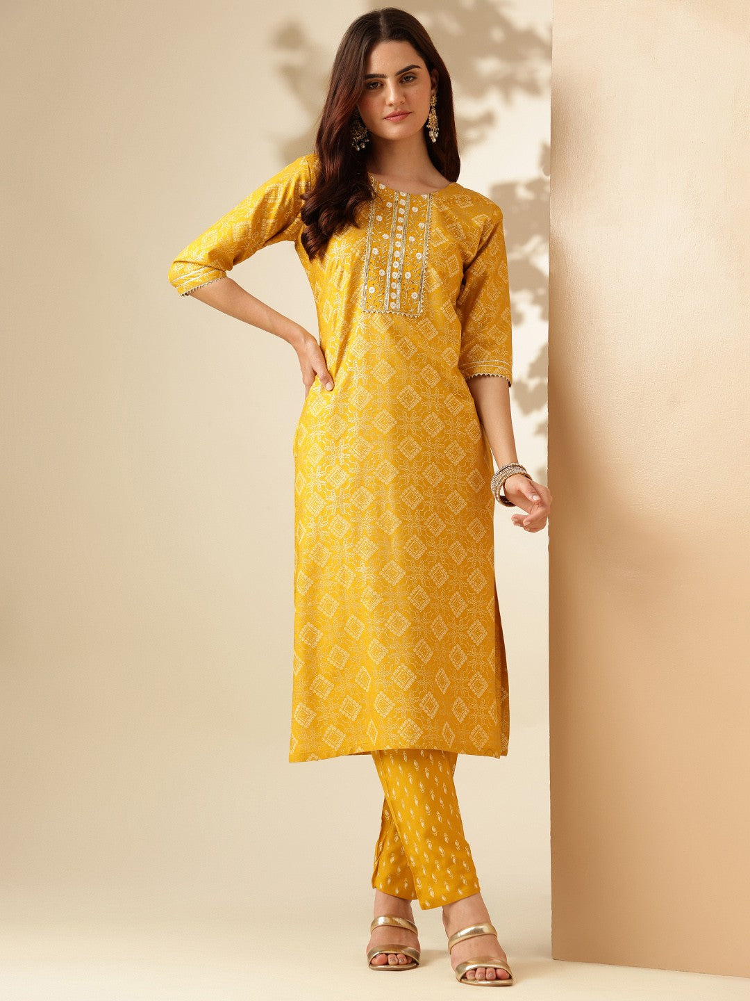 Embroidered Yellow Rayon Kurti Pant Sets For Women