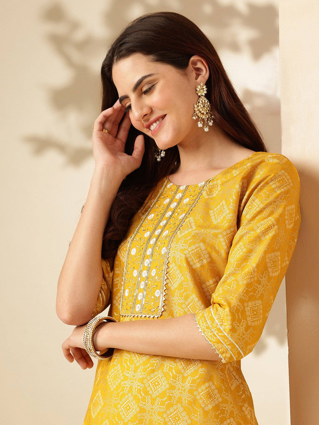 Embroidered Yellow Rayon Kurti Pant Sets For Women